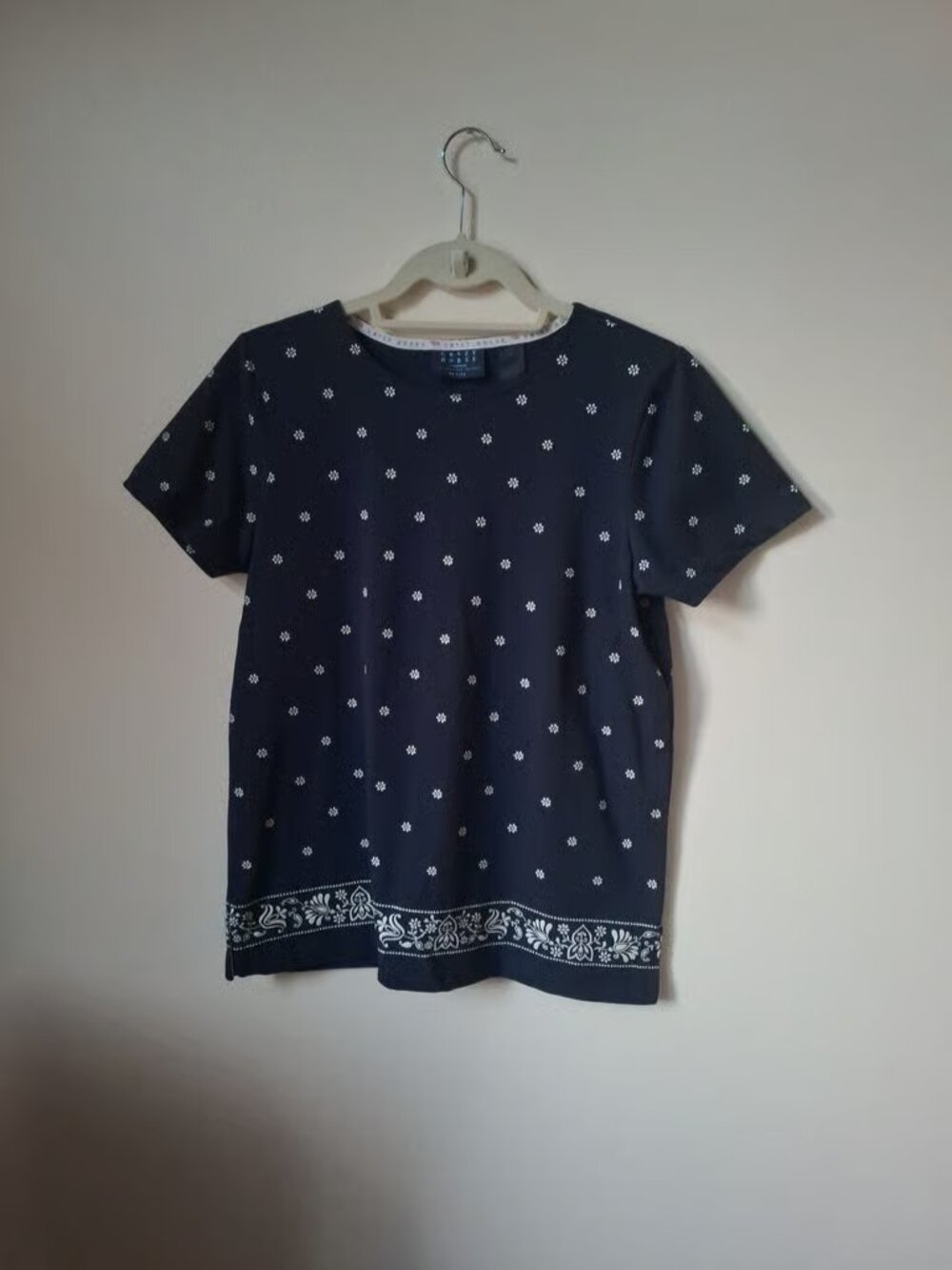 Vintage Crazy Horse Womens Navy Blue Floral Print Tshirt Size PM Cotton Polyest